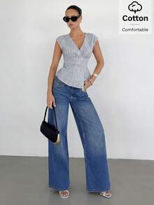 Siren Gaze Women's Striped Overlapping V-Neck Pleated Shirt - Dusty Blue - View 3