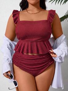 SHEIN Swim Curve 大码女式纯色荷叶边吊带泳衣套装 - 酒紅色 - 查看 4