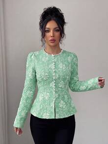 Elenzga Blusa blanca elegante y exquisita de mujer, con cuello redondo decorado con perlas, ribete de botones delanteros, diseño de bajo con abertura, adecuada para mujeres de 20 a 35+ años para reuniones, fiestas, viajes diarios, temporada de graduación (estampado aleatorio). Fabricada con tela jacquard de primavera/otoño, de estilo francés único, elegante y versátil. - Verde Oscuro - Ver 7