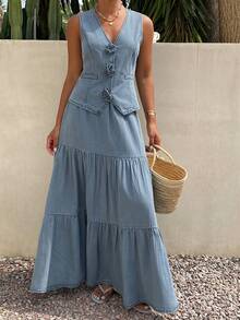 Livesso Bộ đồ 2 món gồm áo khoác denim không tay và chân váy xòe, thiết kế thường ngày cho mùa xuân và hè, thích hợp cho nữ. - Rửa nhẹ - Xem 3