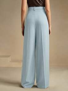 Anewsta Petite Elegant Fashion Design Pleated Sky Blue Women's Suit Pants With Pockets Solid Color Straight Leg Petite Pants, Summer Work Outfits For Women Office Outfits For Women - Blue - View 2