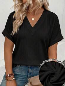EMERY ROSE Women's Spring/Summer New Arrival Soft Knit Wide Ribbed V-Neck Short Sleeve Plus Size T-Shirt - Black - View 1