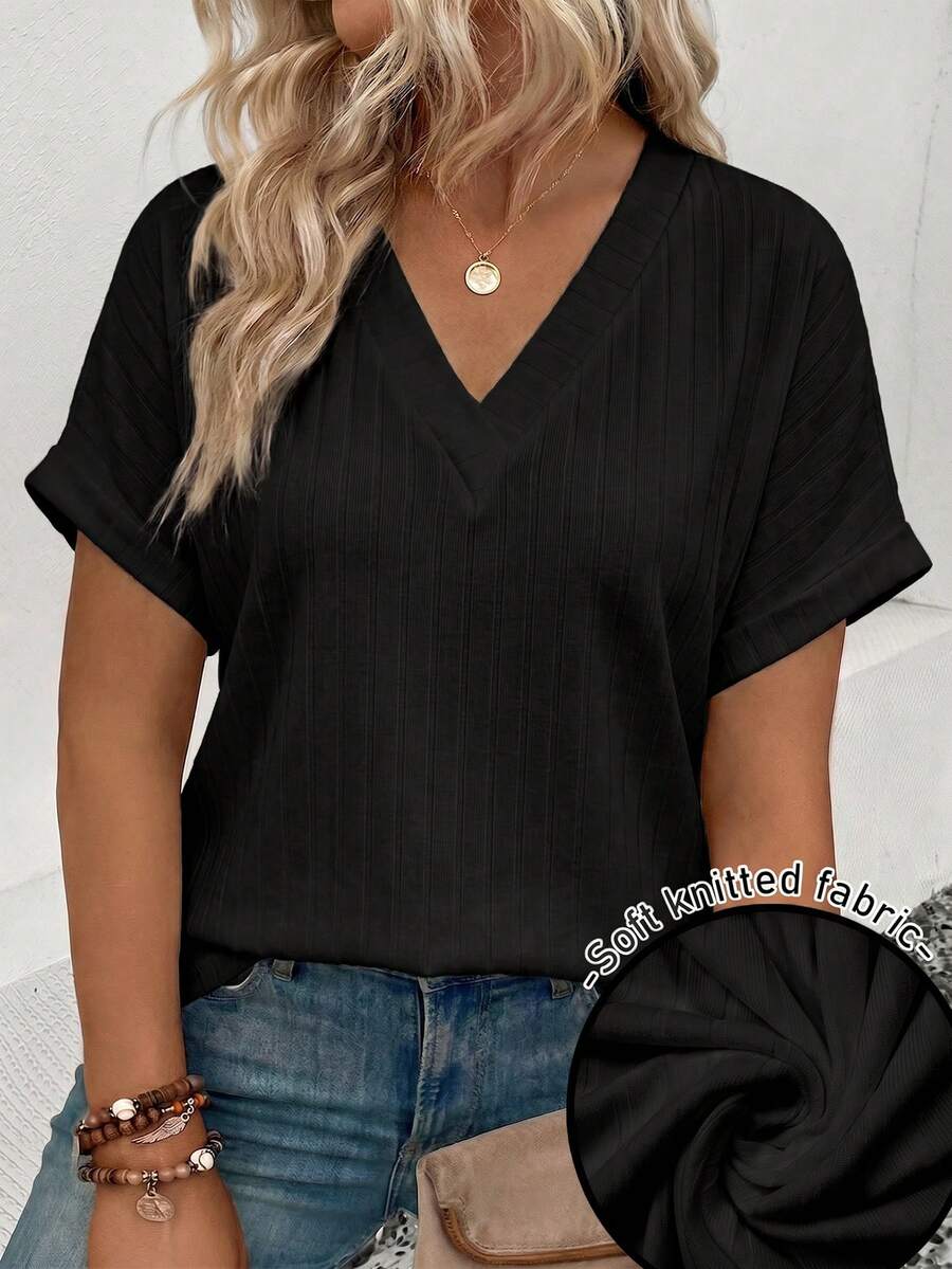 EMERY ROSE Women's Spring/Summer New Arrival Soft Knit Wide Ribbed V-Neck Short Sleeve Plus Size T-Shirt - Black - View 1