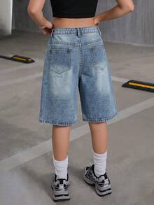 SHEIN Teen Girl Y2K 2000s Retro Washed Boyfriend Baggy Casual Denim Wide Leg Knee Length Jeans Short, Fall Back To School Streetwear - Light Wash - View 2