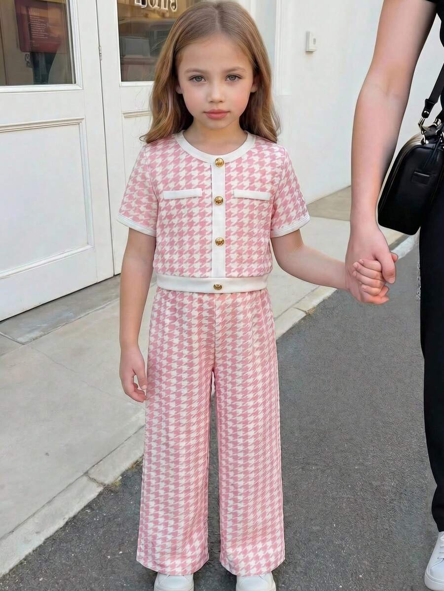 SHEIN 2pcs/Set Young Girl Elegant Pink & White Contrast Gold Button Blouse & Straight Leg Pants,Back To School Summer Outfit,Family Matching Party Set - Pink - View 1