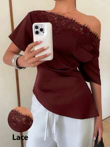 SHEIN PETITE CURVE Plus Size Summer Elegant Solid Color Contrast Lace Asymmetric Neck Cinched Waist Blouse - Burgundy - View 7