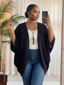 SHEIN Lady CURVE Áo khoác thường ngày tay cánh dơi viền bất đối xứng màu trơn cỡ lớn cho kỳ nghỉ, mùa xuân/hè - màu đen - Xem 6