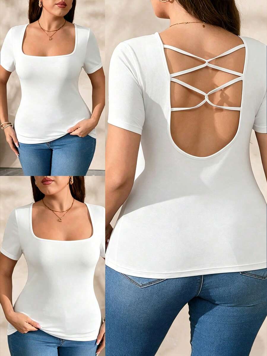 Elenzga Áo thun nữ cỡ lớn màu đen, kiểu dáng ôm sát, tay ngắn, đa năng, thiết kế dây lưng khoét rỗng, phù hợp cho mặc hàng ngày, đi chơi, đi làm, hẹn hò và mọi dịp. - Màu be - Xem 1