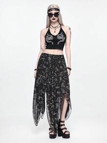 ROMWE Goth 不对称下摆雪纺半身裙，度假主题蛾眼蜘蛛哥特印花，春夏款 - 黑色 - 查看 6