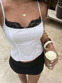 Aloruh Áo camisole nữ 100% cotton phối ren tương phản, kiểu dáng lãng mạn, thanh lịch. - Nhiều màu - Xem 2