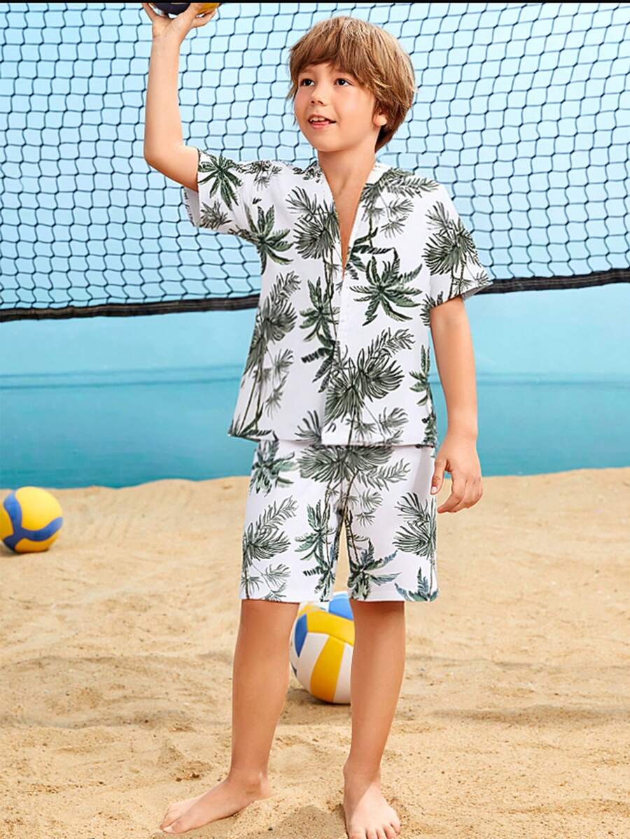 SHEIN Cậu bé Tween Bản in nhiệt đới Kimono & Quần short - trắng - Xem 1