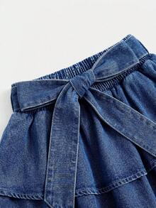 SHEIN MOD Plus Size Denim Mini Skirt With Bow Accent, Blue - Medium Wash - View 3