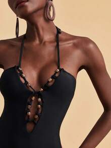 Travachic Baju Renang Terusan Wanita Model Halter dengan Hiasan Manik-Manik untuk Liburan - Hitam - View 7
