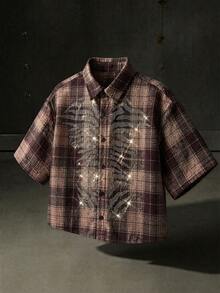 NEON BLANC Men's Plaid Short Sleeve Shirt With Rhinestone Decor - Black - View 6