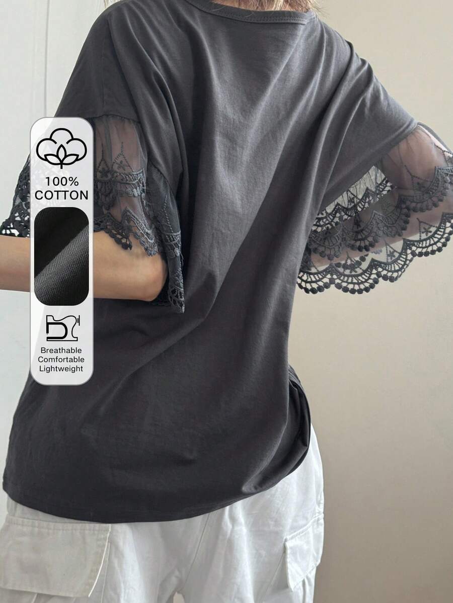FRIFUL Áo thun ngắn tay nữ màu trơn, chất liệu lưới, phối họa tiết thêu, thích hợp mặc mùa hè. - Xám - Xem 1