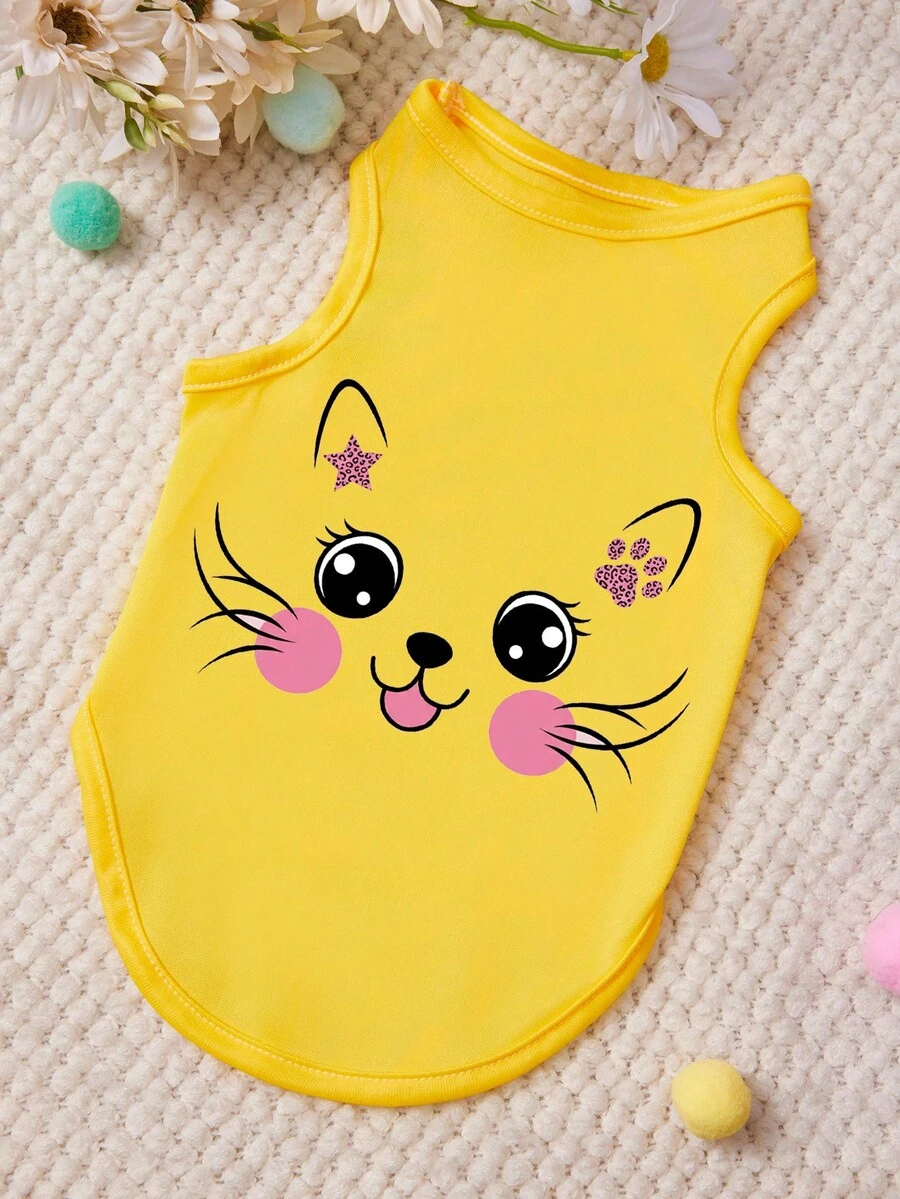 PETSIN Áo vest in hình mặt mèo con dễ thương màu vàng, mềm mại và thoáng khí, chống rụng lông cho thú cưng. - Màu vàng - Xem 1