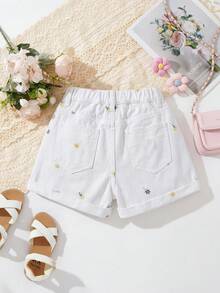 SHEIN Y2K 青少年女孩春夏新款甜美碎花刺繡口袋休閒牛仔短褲，捲邊設計，春夏度假海灘時尚，淺色水洗寬鬆休閒街頭牛仔長短褲，低腰牛仔短褲，舒適時尚，休閒街頭風，適合春夏穿著，優雅度假風，春假夏日海灘度假穿搭，白色休閒短褲，適合節慶海灘畢業典禮度假，舒適時尚，休閒街頭風，適合春夏穿著，優雅度假風，春假夏日海灘度假穿搭，適合派對婚禮畢業舞會生日休閒度假 - 白色 - 查看 6