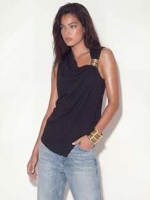 SHEIN Unity Women's Modern Sexy Elegant Sexy Outdoor Wear, Black Draping Asymmetrical Neckline Metal Buckle Decor Ladies Tank Top, Spring/Summer Night Out - Black - View 2