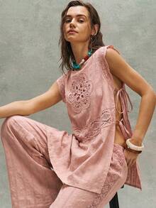 Camisa suelta de unicolor casual con parches tejidos y encaje - Rosa vieja - Ver 7