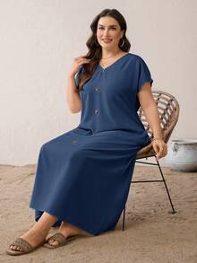 SHEIN Essnce Plus-Size Women's Dark Blue,Summer,Boho,Vacation,Holiday Casual Loose V-Neck Long Dress With Pockets,Everyday Versatile Simple Style Outfits - Navy Blue - View 5