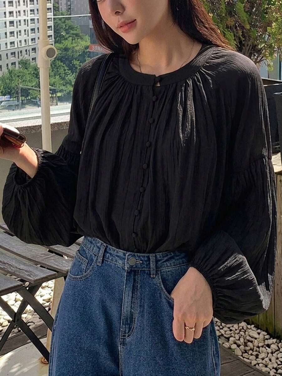 DAZY 女士宽松开衫，商务休闲校服衬衫 - 黑色 - 查看 1