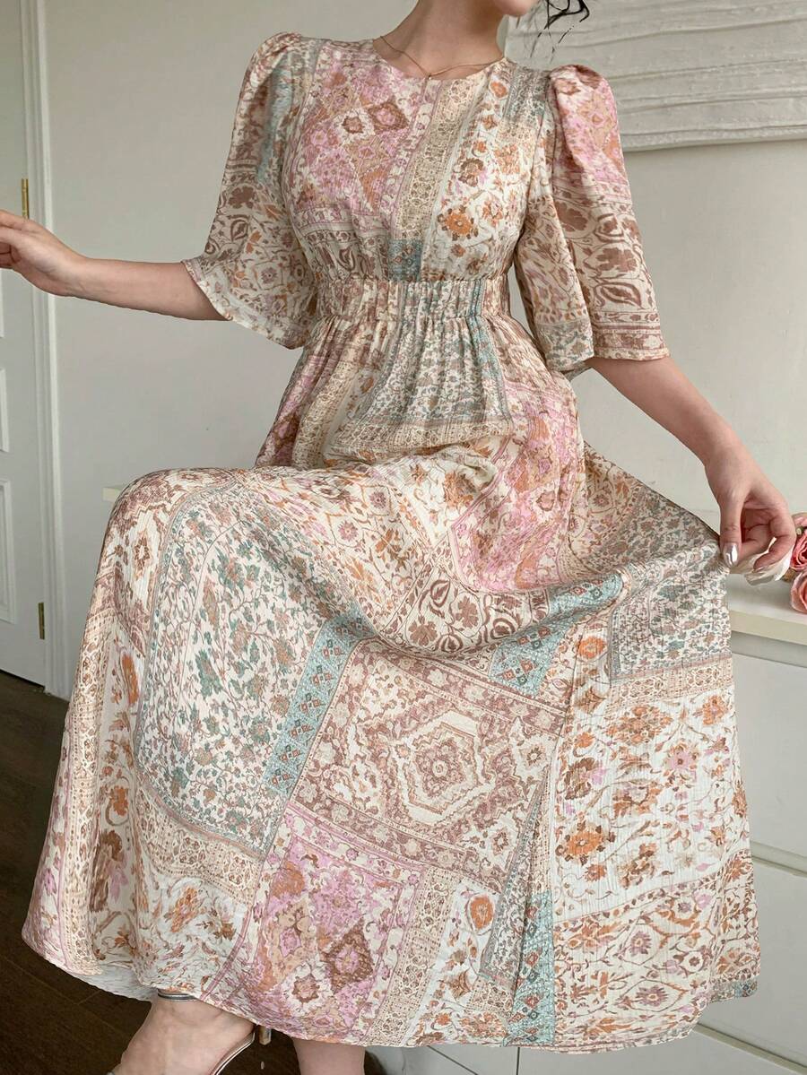 DAZY Vestido elegante de vacaciones con cuello redondo, mangas de pétalo y estampado floral para mujer - Albaricoque - Ver 1