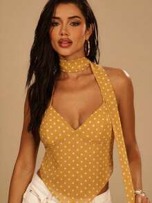 Denimoi Sheer Mesh White Backless Halter Top With Scarf Golf Summer Sexy - Yellow - View 4