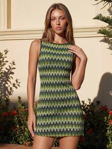 Avantive Women's Summer Beach Vacation Colorblock Zigzag Print Sleeveless Fitted Mini Dress - Multicolor - View 7