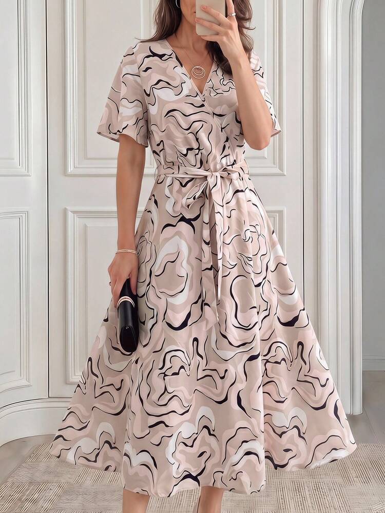 Women's Elegant All-Over Print Overlapping Collar Short Sleeve Midi Dress, Summer,Summer Dress,Going Out Dress,Floral Dresses For Women