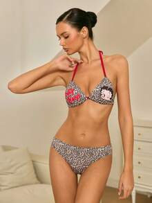Betty Boop x SHEIN Bộ đồ lót mùa hè dành cho nữ, họa tiết da báo, hình hoạt hình và chữ cái, kiểu áo ngực không lưng buộc dây và quần lót. - Đỏ - Xem 5