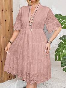 SHEIN LUNE Pure Cotton Hollow-Out Embroidered Waist-Cinching Midi Tiered Dress In Plus Size - Dusty Pink - View 6