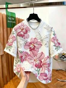 EMERY ROSE 女士花卉蝴蝶刺绣T恤，休闲宽松短袖圆领上衣，饰有串珠细节 - 彩色 - 查看 1