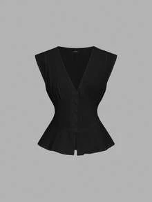 SHEIN MOD Women's Versatile Button Pleated Blouse, Suitable For Daily Wear And Travel,Summer Top - Black - View 6