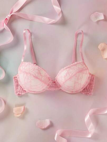 Pink Lace Patchwork Underwire Bra, High Support, Romantic & Elegant Women's Lingerie
