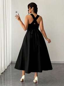 Elenzga Robe de mariée d'automne élégante noire pour femmes grande taille, bretelles spaghetti haute élasticité, nouée à la taille, jupe plissée, pour soirée, festival de musique, rendez-vous - Noir - Voir 2