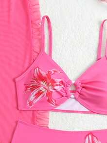 SHEIN 少女三件套比基尼，粉色荷叶边三角上衣和下装，长款纱笼，时尚优雅泳装，适合游泳、度假、夏季穿着（随机印花） - 紅色 - 查看 5