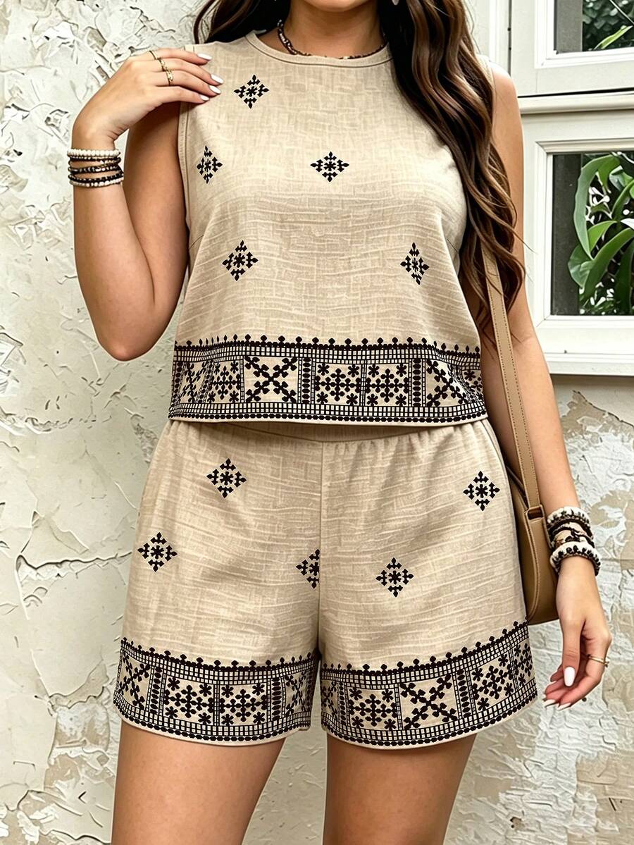 EMERY ROSE Bộ đồ nữ cỡ lớn gồm áo không tay và quần short in hoa, kiểu dáng thường ngày, gồm 2 món. - Nhiều màu - Xem 1