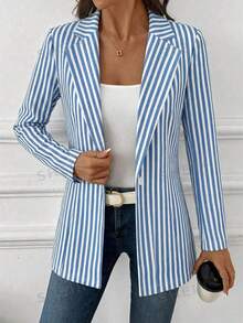 SHEIN Clasi Women's Retro Blue White Stripe Blazer Jacket,Summer Casual Office Navy Style Contrast Color Print Pattern Elegant Chic For Work Commute,Weddings - Multicolor - View 7