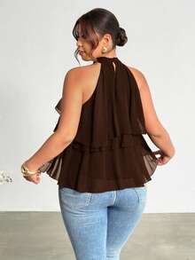 Firerie Blusa de gasa asimétrica con volantes holgada de talla grande - Café integral - Ver 2