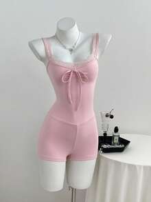 Elamini Women's Contrast Lace Front Tie Romper Night Out Date Night Soft Pink Summer Cute - Pink - View 3