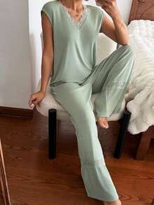 DAZY Women's Solid Color Lace Patchwork Top And Pants Pajama Set Summer - Green - View 8