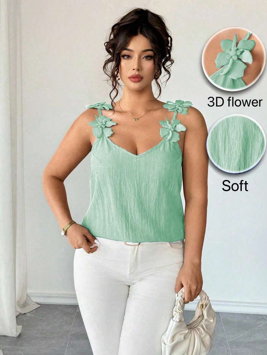 SHEIN Clasi 大尺碼女款優雅 3D 花卉裝飾藍色紋理布料休閒襯衫,彈性貼身舒適細肩帶背心,收腰 A 字顯瘦遮腹設計,淺藍色優雅精緻背心上衣,適合返校、畢業典禮、情人節、音樂節、母親節、萬聖節、感恩節、復活節、國慶日、舞會、約會派對、婚禮季、外出等多種場合 - 薄荷綠 - 查看 1