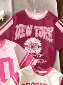 3pcs/Set Retro Sport College Style Girls Numeric Graphic T-Shirts,Blush Pink,Summer,Formal,Sport,Back-To-School Colorblock Short Sleeve Tees - Multicolor - View 5