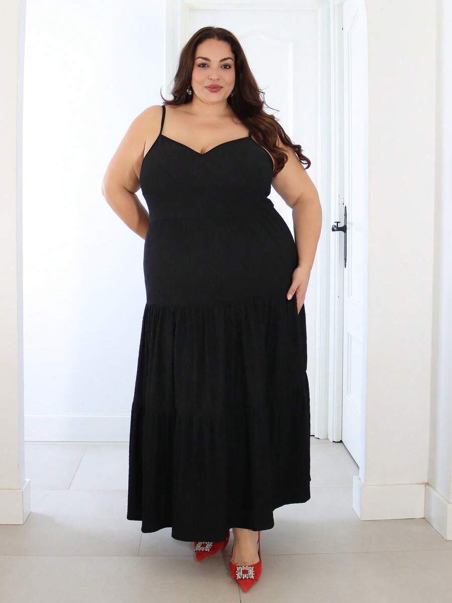 Pretty and Ole Plus Size 1pc Black Color Spaghetti Strap Tiered Ruffle Waist Dress,Elegant Women Dresses,Fairy Costume Dress,Women Light Dress,Homecoming Dresses,New Year,Valentine,Birthday Dresses For Women - Black - View 1