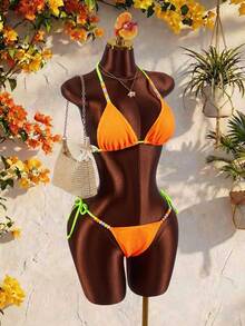 Amplova Conjunto de Maiô Bikini Sexy Feminino, Adequado para Férias, Design Fofo Bicolor Fluorescente, Ideal para Praia - Laranja - Visão 5