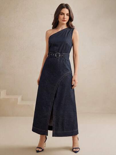 Anewsta Women's Elegant Fashion One Shoulder Split Fitted Navy Blue Dress, Spring/Summer