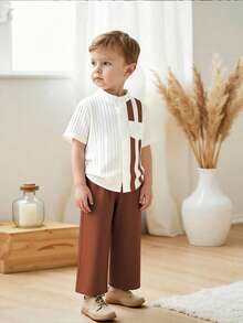 SHEIN Playful Pals 2pcs/Set Young Boy Casual Solid & Striped Short Sleeve Shirt And Pants Set, Suitable For Daily, Vacation, Sports, Summer - Brown - View 3