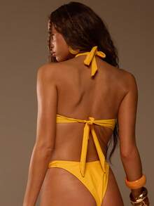 Musera Resort High Leg Gold Trim Bikini Bottoms Summer Swim Beach Vacation Sexy Cute Boho Travel Festival Pocha - Yellow - View 4