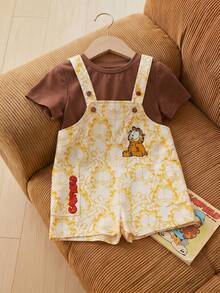 GARFIELD | SHEIN Baby Boy Cartoon Print Romper With Solid Color T-Shirt - Beige - View 4