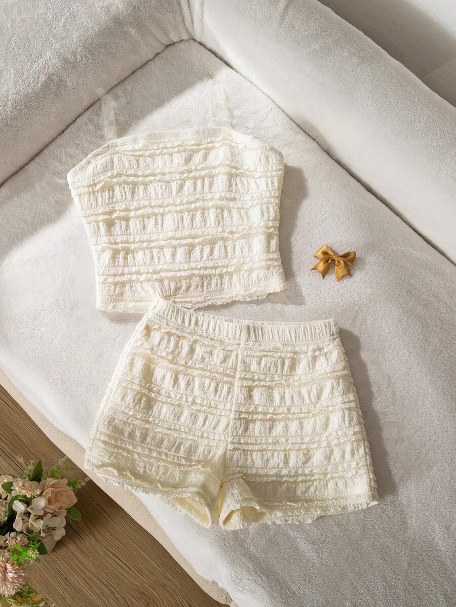 SHEIN 少女层叠荷叶边吊带背心和短裤休闲套装 - 米色 - 查看 1